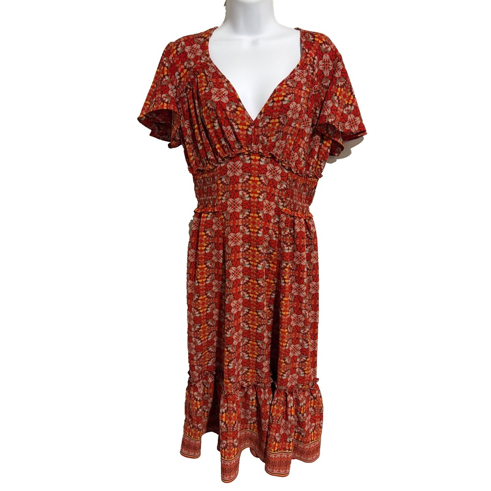 Max Studio Rust Floral Peasant Midi Dress~L~ Flutter Sleeve Smocked Waist Boho